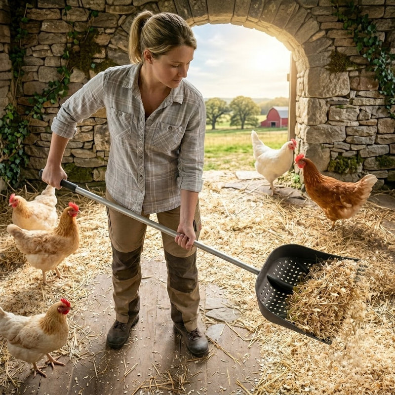 Cuillère à rôtir robuste et légère 2-en-1, poignée réglable 38-66 po, capacité de tamisage du fumier, pour les poulaillers et le nettoyage des animaux de ferme, noir