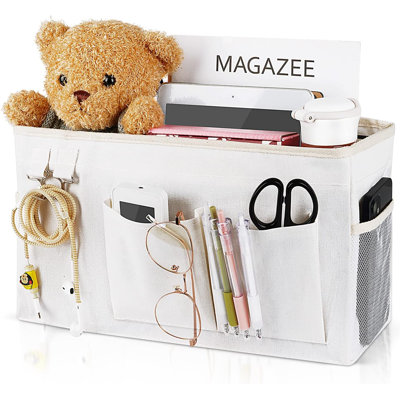 Sac de rangement blanc pour organisateur de chevet, accessoire de lit superposé avec magazine, bouteille d'eau et support pour téléphone, pour dortoir universitaire et lits d'hôpital