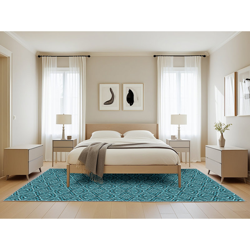 Tapis bleu sarcelle à motif géométrique, Rectangle 5 pi x 8 pi