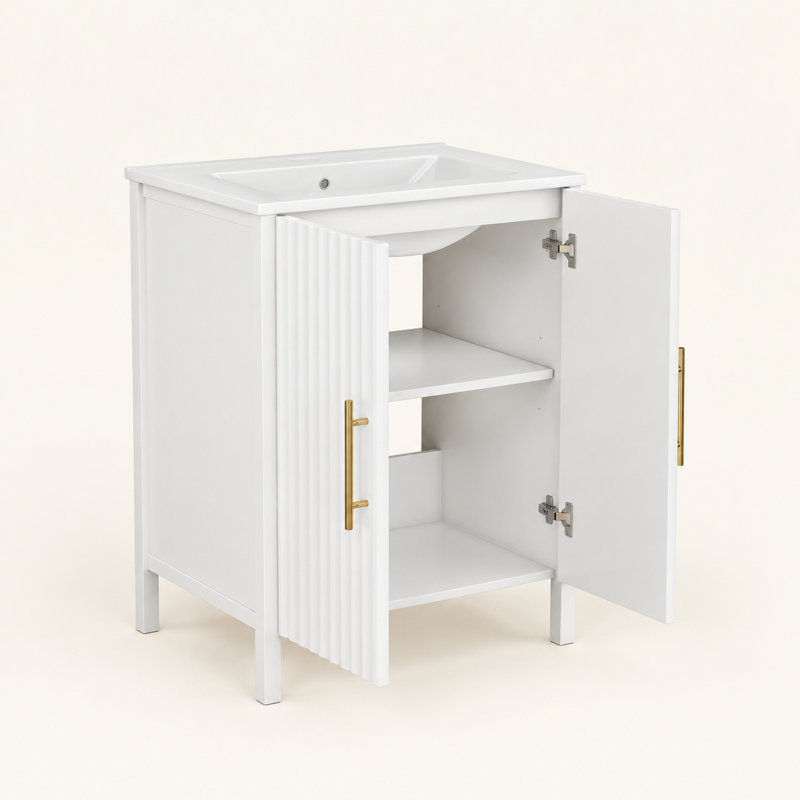 Meuble-lavabo autoportant blanc de 61 cm (24 pouces) avec panneau de porte ondulé et poignées dorées