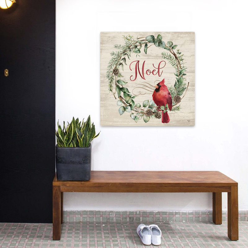 Noel, cardinal, couronne, art contemporain, verdure, H 32 po x l 32 po