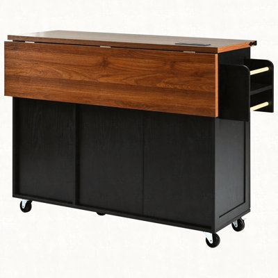54.5" Farmhouse Kitchen Island with Power Outlet, Kitchen Storage Island with Internal Storage Rack, Drop Leaf, Spice Rack, Rolling Kitchen Cart on Wh by Gracie Oaks