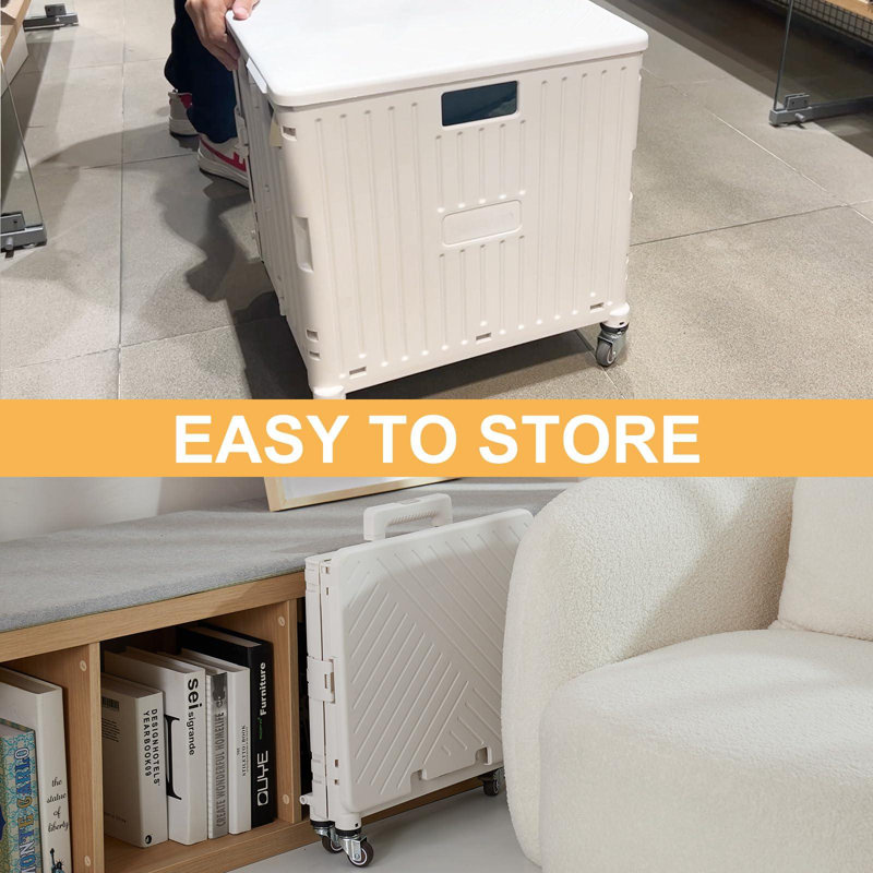 Foldable Utility Cart Folding Portable Rolling Crate Handcart With Durable Heavy Duty Plastic Telescoping Handle Collapsible 4 Rotate Wheels(White)
