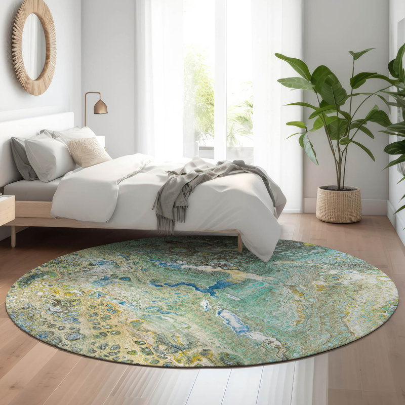 Tapis bleu sarcelle de qualité supérieure lavable à la machine Cerrito AMF588, Rond 8 pi