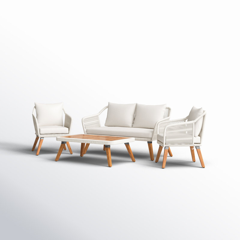 4 Piece Sofa Seating Group with Cushions, Beige Frame/Beige Cushion