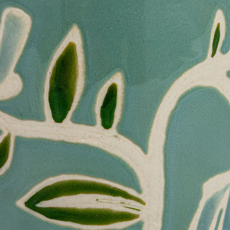 Hand-Painted Botanical Ceramic Mugs in Orange and Green, Set of 2