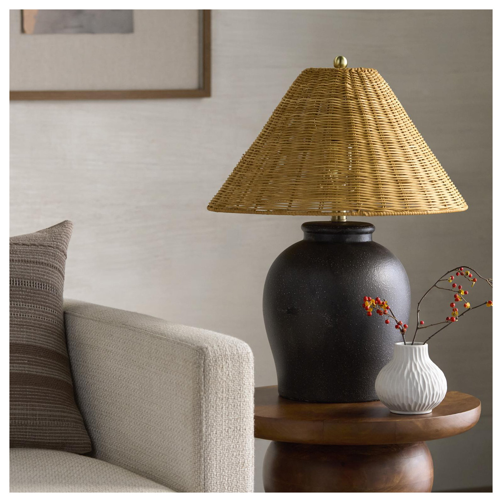 Chemise 22" Ceramic Table Lamp, Black, Rattan