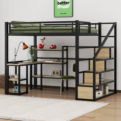 Full Size Metal Loft bed with Staircase, Built-in Desk and Shelves