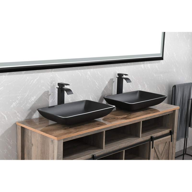 Lavabo de salle de bain en verre noir mat 22 po. Avec robinet et bonde escamotable. Conception épurée. Corrosion. Tout compris. Élégant anti-rouille classique. Une solution