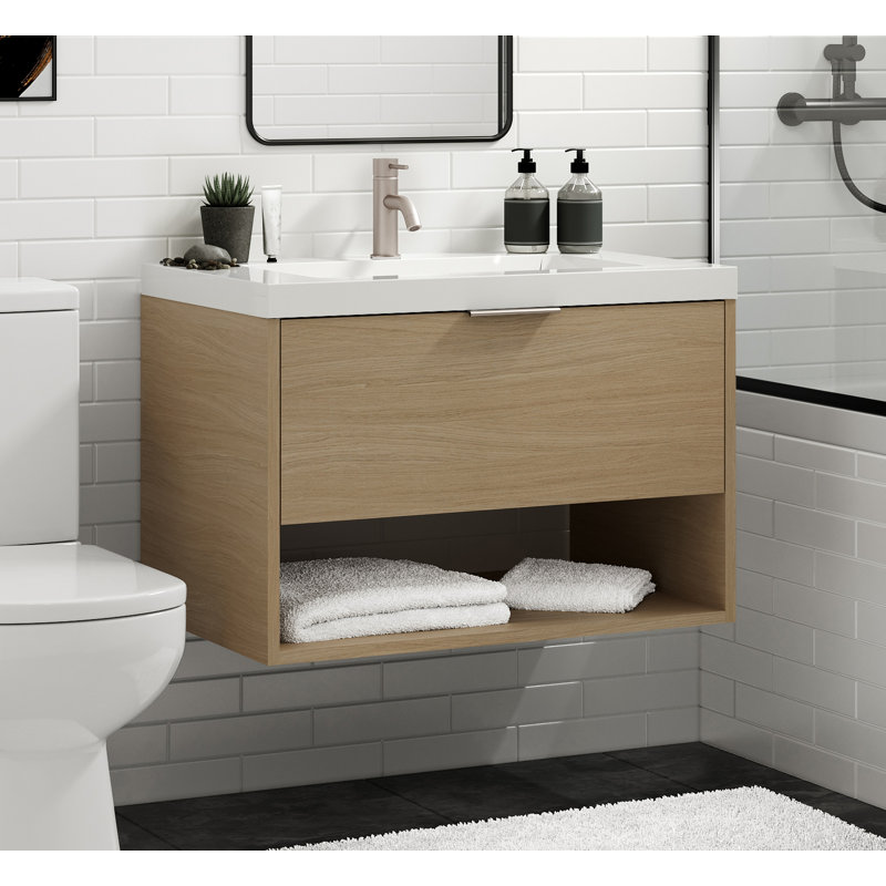Modo 42" W Wall Mounted Single Bathroom Vanity, Satin Nickel, Gloss White/8" Widespread, Biondo