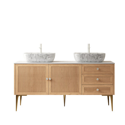 60" Bathroom Vanity With Sinks, Freestanding Plywood Storage Cabinet With Legs, 2 Door&3 Drawers, Carrara Sintered Stone Top&2 Marble Pattern Ceramic Basins, Pre-Assembled