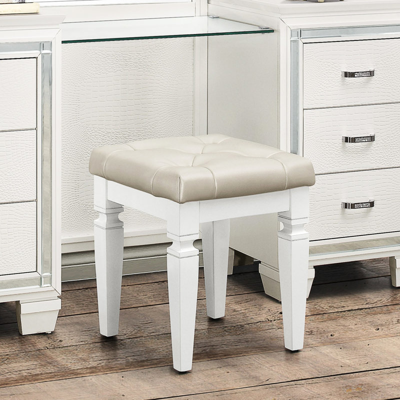 Tabouret de meuble-lavabo blanc, siège en similicuir à boutons avec coussin en mousse, profondeur de 17 po, hauteur de 19,15 po, tabouret moderne à structure en bois avec finition et coussin