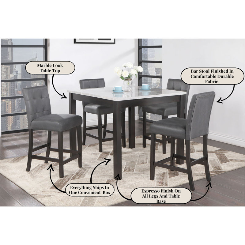 BAR TABLE AND 4 BAR STOOLS