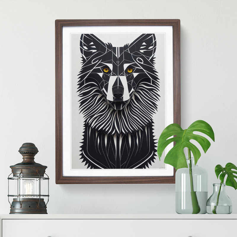 Wolf In Abstract No.5 - Wall Art, 48cm H x 36cm W, Walnut Framed Paper, White