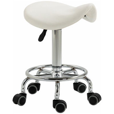 Rolling Saddle Stool, PU Leather Adjustable Stool with Wheels for Massage, Spa, Clinic, Beauty and Tattoo, White