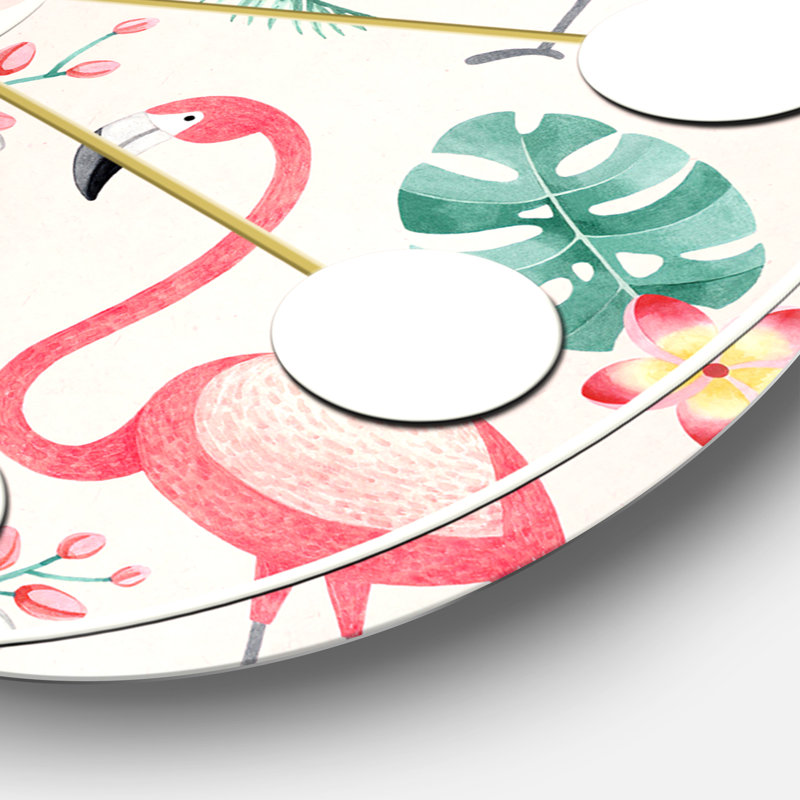 Horloge murale style tropical Mid-Century Tropical Botanicals, Flowers and Flamingo II, Surdimensionné