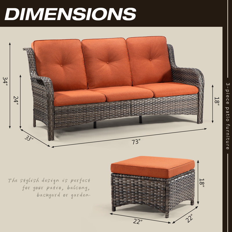 Ensemble de conversation d'extérieur 3 pièces en osier avec coussins Anahit, Orange