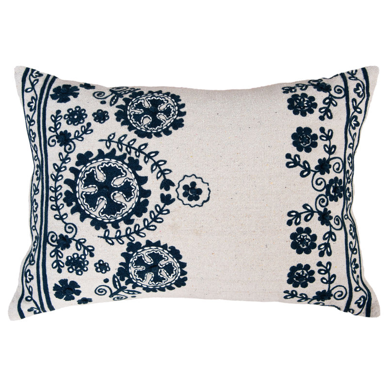 100% Cotton Throw Pillow, Natural/Blue, Down Alternative