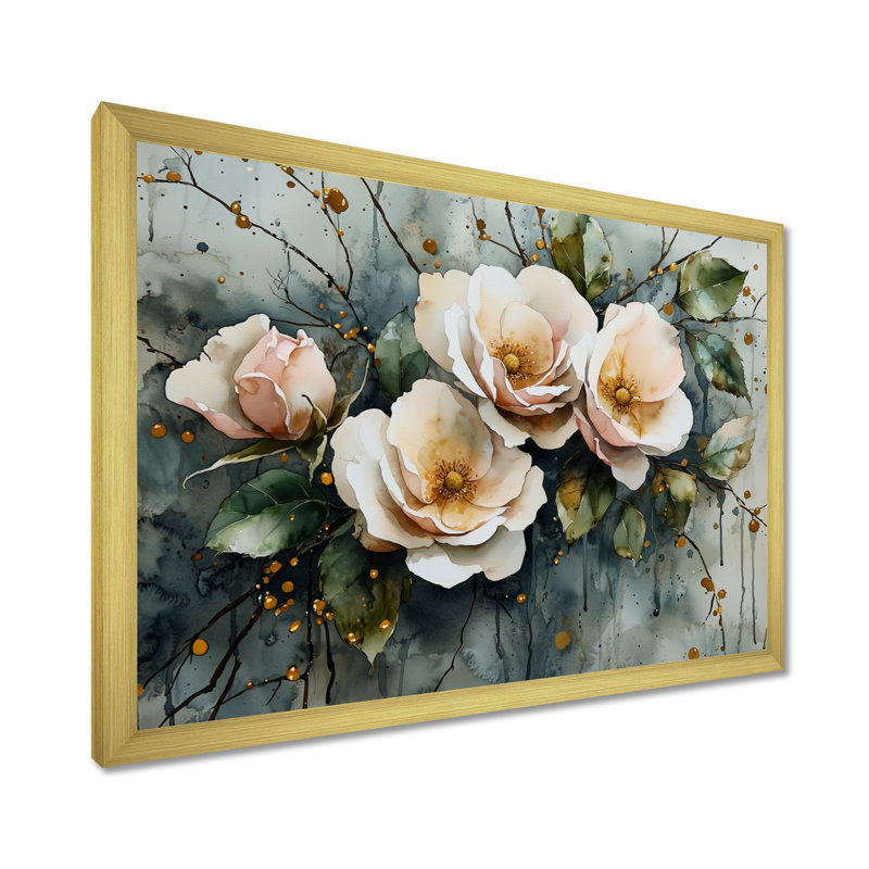Indasha - art mural floral, Reproduction encadrée d'une seule photo, H 16 po x l 32 po, Or
