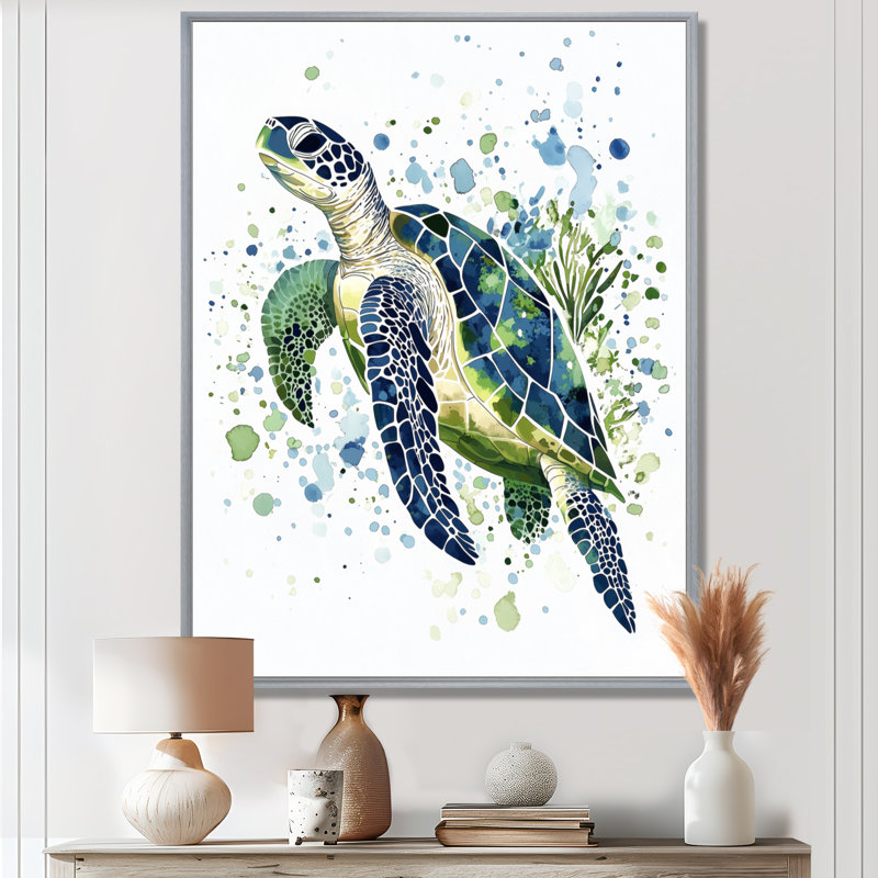 Ocean Wanderer I - Blue and Green Sea Turtle Wall Art Decor, 32" H x 16" W, Silver Floater Framed
