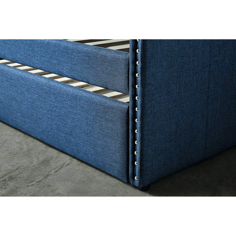 Lit de jour avec revêtement bleu, support en bois et lit gigogne escamotable pour la chambre à coucher, Bleu