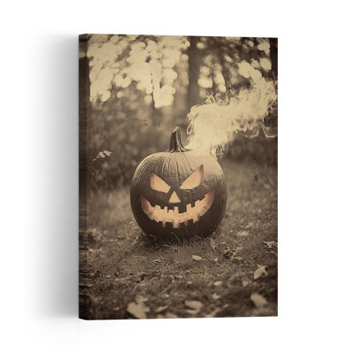 «Spooky smoking Jack-O'-Lantern», reproduction d'art abstraite sur forêt d'automne