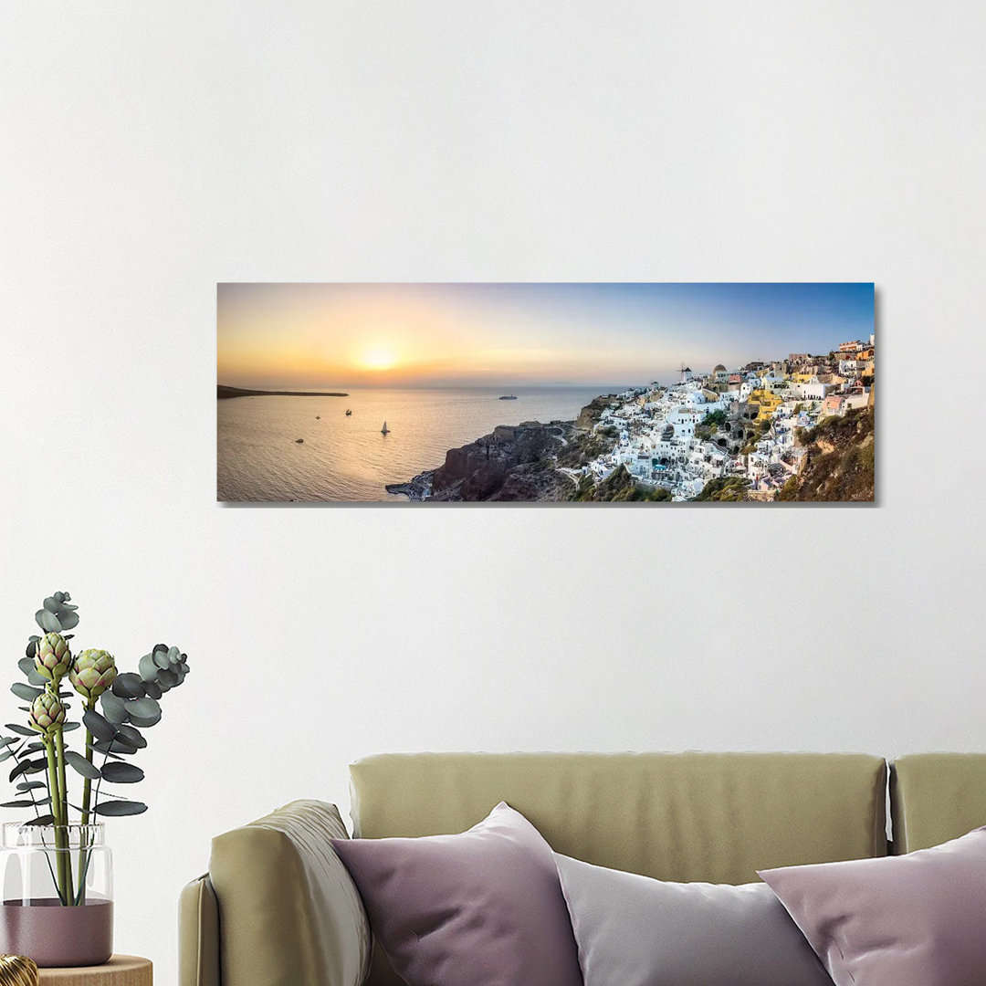 Panoramic Sunset View Of Oia And The Caldera, Santorini, Greece by Jan Becke - Wrapped Canvas Panoramic Print