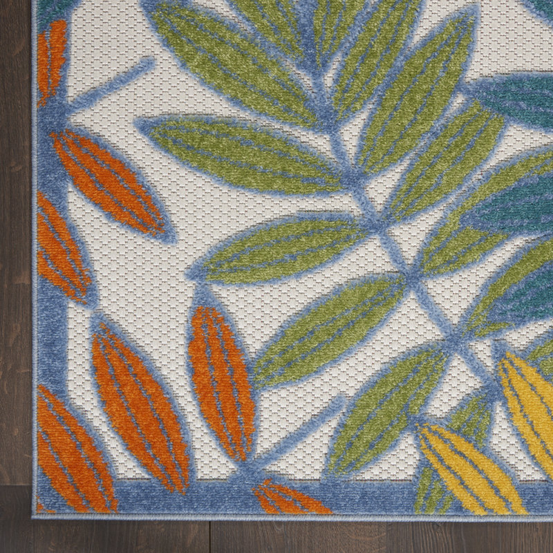 Tapis d'intérieur / extérieur à motif floral vert / bleu / jaune / orange Leonhardt, Rectangle 9 pi x 12 pi
