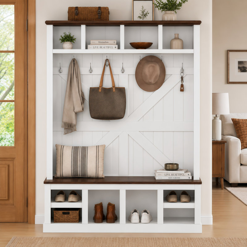 Arbre d'entrée de style campagnard avec banc et rangement pour chaussures, porte-manteau d'entrée avec 6 crochets doubles, 4 casiers supérieurs, 4 casiers de rangement inférieurs, tablettes réglables