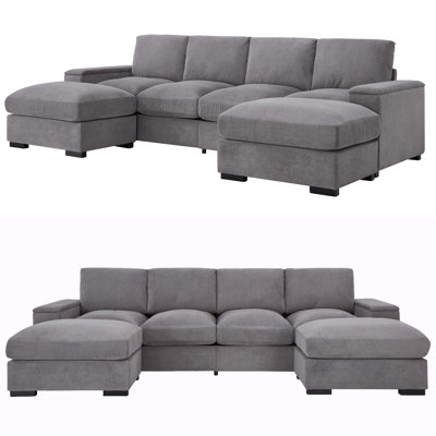 U-Shaped Sectional Sofa with 2 Movable Ottomans, 4-Seat Deep Seat Sleeper Couch, Polyester Upholstered Living Room Furniture with Armrest Storage & Easy Assembly