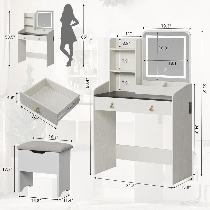 Bureau de coiffeuse avec miroir lumineux à DEL et station de charge, petit ensemble de coiffeuse avec tabouret de rangement, 4 tablettes ouvertes et 2 tiroirs, coiffeuse