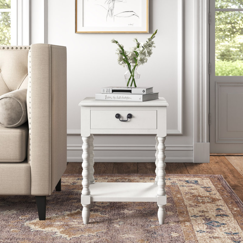 Solid Wood Top End Table with Storage, Distressed White