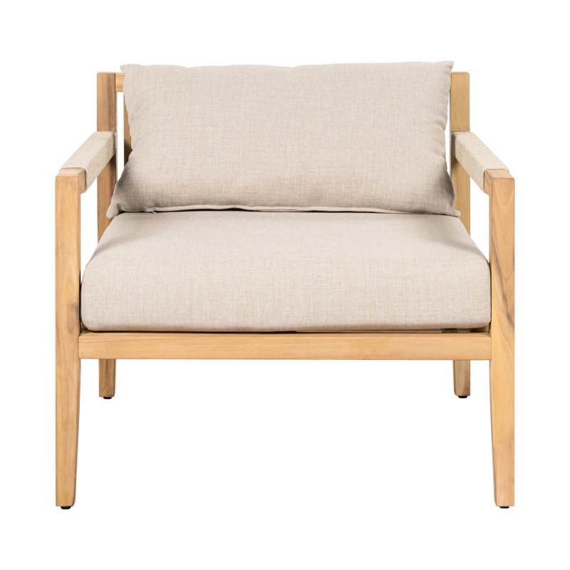 Chaise d'extérieur en bois et corde beige, avec coussins moelleux, style polyvalent pour toute corde de patio