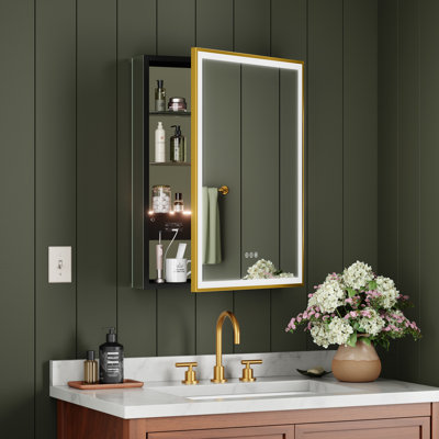 Gold Framed Lighted Medicine Cabinet with Mirror, Recessed/Surface, Plug-in/Hardwired, Outlets+USBs, 3 Colors/Dimmer/Inner Sensor Light/Defog, Right-hinged
