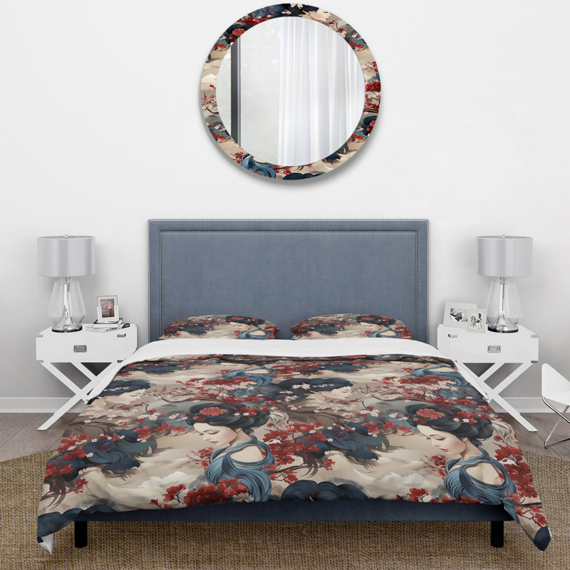 Geisha Grace - Ensemble de housse de couette oriental, Housse de couette pour grand lit et 2 taies décor