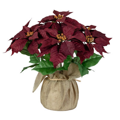 16in. Artificial Poinsettia Arrangement in Burlap Planter