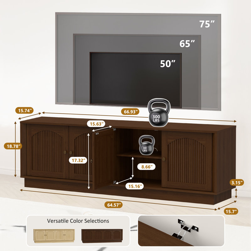 Tv Stand For 75 Inch Tv, Mid Century Modern Tv Stand With Arched Fluted Doors, Media Console Cabinet With Adjustable Shelves, 67" Entertainment Center With Storage For Living Room Bedroom, Brown