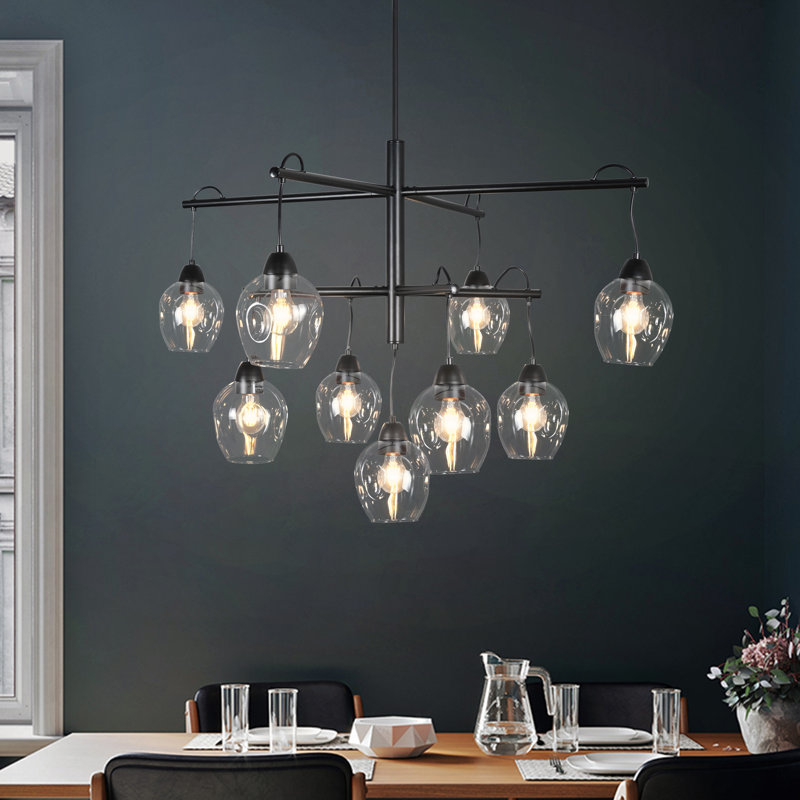 9-Light Adjustable Mid-Century Modern Chandelier, Black Metal Industrial Pendant Light With Glass Shades For Dining Room, Kitchen Island, Entryway, Bedroom
