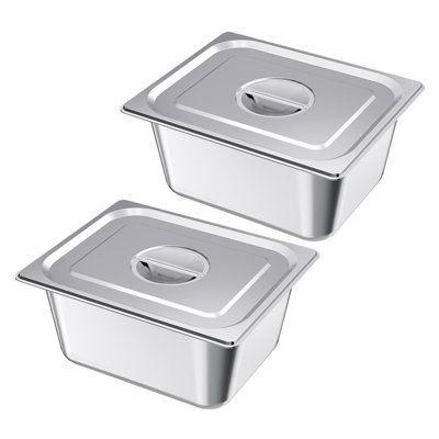 Steam Table Pan 1/2 Size 5.9 Inch Deep SS201 Stainless Steel 2-Piece Anti-Jam Food Pan Set with Lids Silver