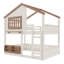 Lit superposé double pleine grandeur avec bibliothèque, rails de sécurité, conception de chalet, lit mezzanine pour enfants, peu encombrant, bois de pin robuste, beige et naturel-1502521697-1502521703