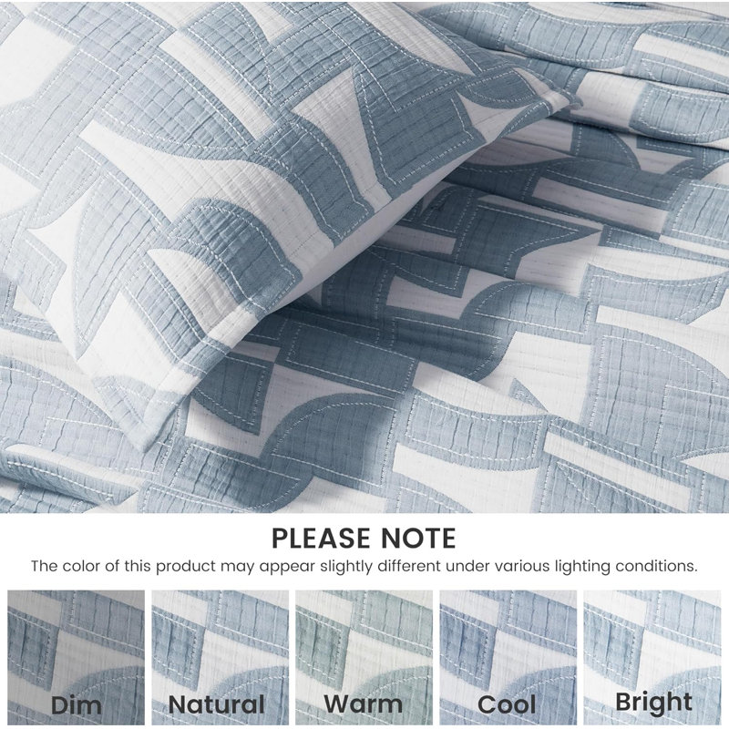 Ensemble de courtepointe en jacquard Tencel Lyocell, Bleu géométrique, Courtepointe très grand + 2 taies décoratives