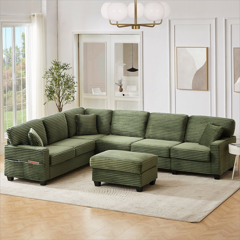 Sectional Sofa U-shaped Sectional 125.2" Upholstered L-shaped Sofa with a Movable Ottoman and Side Storage Pockets for Living Room, Green