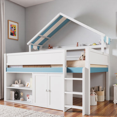Loft Bed With Built-in Shelves, Storage Cabinet And Canopy Roof