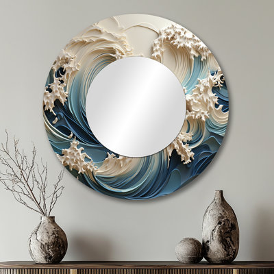 Miroir rond en métal White Wave Papercut Style III - Coastal Waves