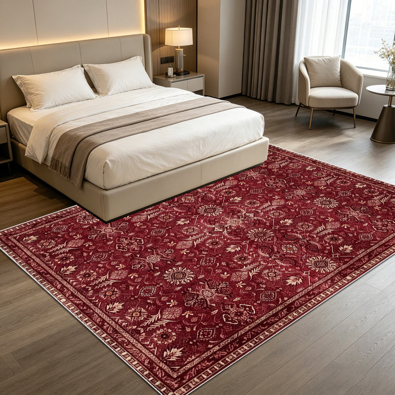1PC Vintage Burgundy Floral Geometric Persian area rugs for Living Room, Soft, All seasons, Easy-maintain, Washable Indoor mat, Farmhouse suitable for for Dining Table, Kitchen Nook, Bedroom Suite...