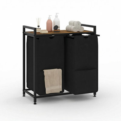 Dual-Compartment Laundry Hamper Organizer, 26.8" x 13" x 28.3" Metal Frame Sorter, 2 x 48.5L Slide-Out Bags, 100 lb Top Shelf, Freestanding Rustic Brown/Black