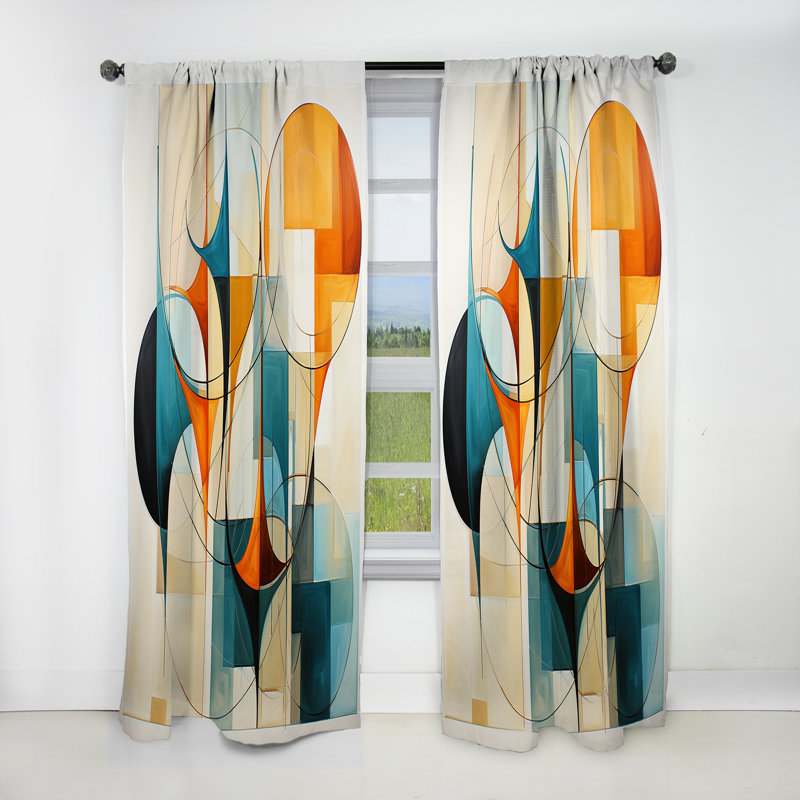 Orange Blue Mid Century Harmony In Geometry I - Midcentury Blackout Abstract Curtain - 1 Panel, 52" W x 63" L