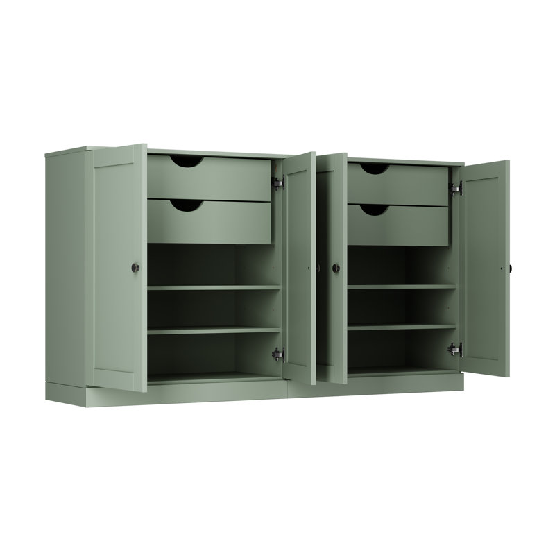 Buffet 100% bois massif 64 po avec portes Shaker, 4 tiroirs et tablettes réglables, Sauge
