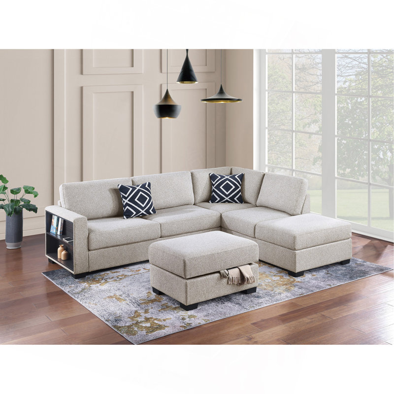 Canapé de rangement modulaire réversible 3 pièces avec repose-pieds avec rangement et méridienne réversible, Beige
