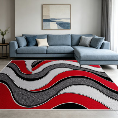 Tapis 1PC Red Grey Curves, élégant tapis décoratif polyvalent, facile à nettoyer et à entretenir, pièce de mobilier idéale pour la chambre à coucher, le salon, le couloir, le vestibule, le dortoir et le bureau afin de rafraîchir l'ambiance intérieure de votre maison